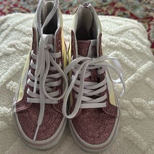 SPARKLE VANS! Sz 11 kids Off the Wall High Top Pink Yellow glitter hi zip sk8